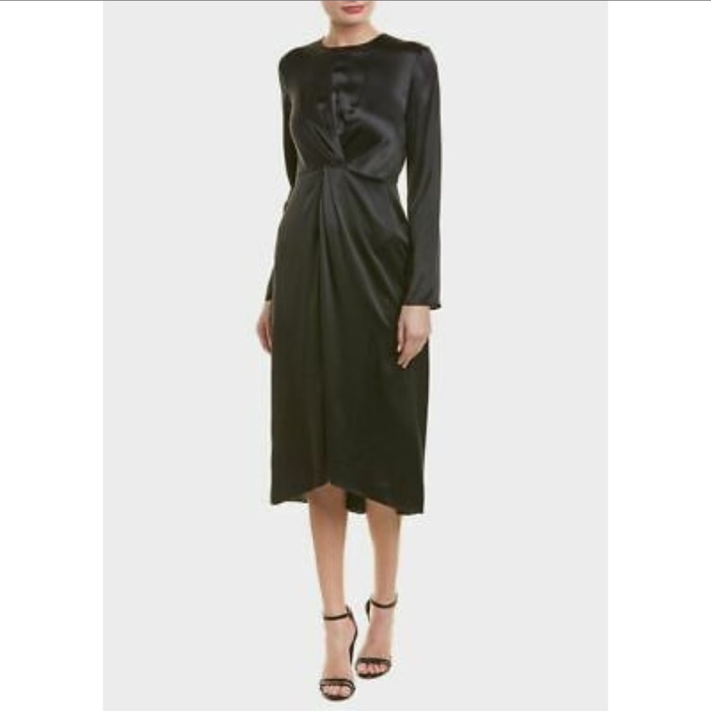 Vince Women's Black Front & Back Twist Long Sleeve Silk Midi Dress
